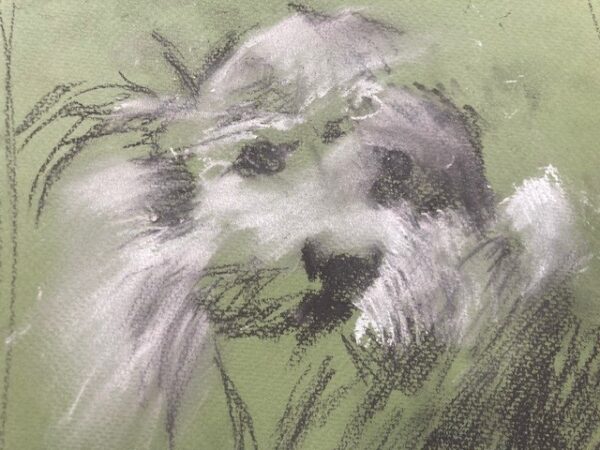 Abstract painting of a white dog against a green background. 