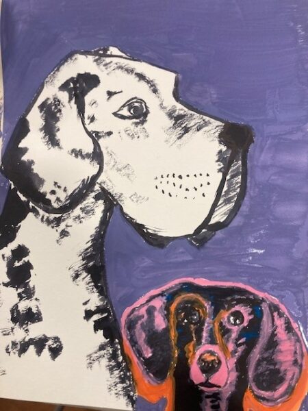 Painting of two dogs against a purple background