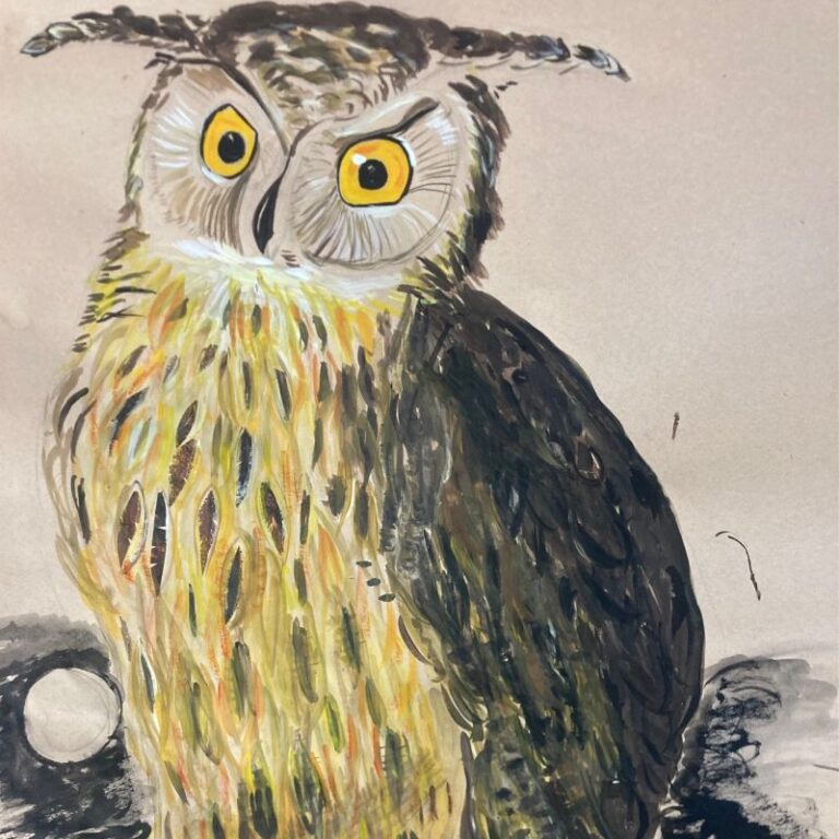 Painting of an owl done by a member of The Grove Neighbourhood Centre Folk Art Group
