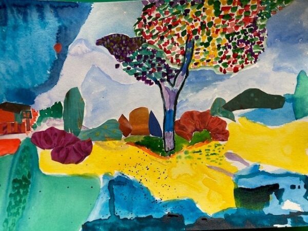 Stylised landscape painting done in bright colours