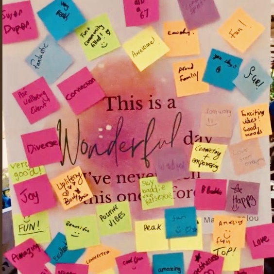 In the centre of this board are the words 'This is a wonderful life'. People have then stuck post-it notes onto it, with words and phrases like joy, connecting & empowering, diversity, and amazing.